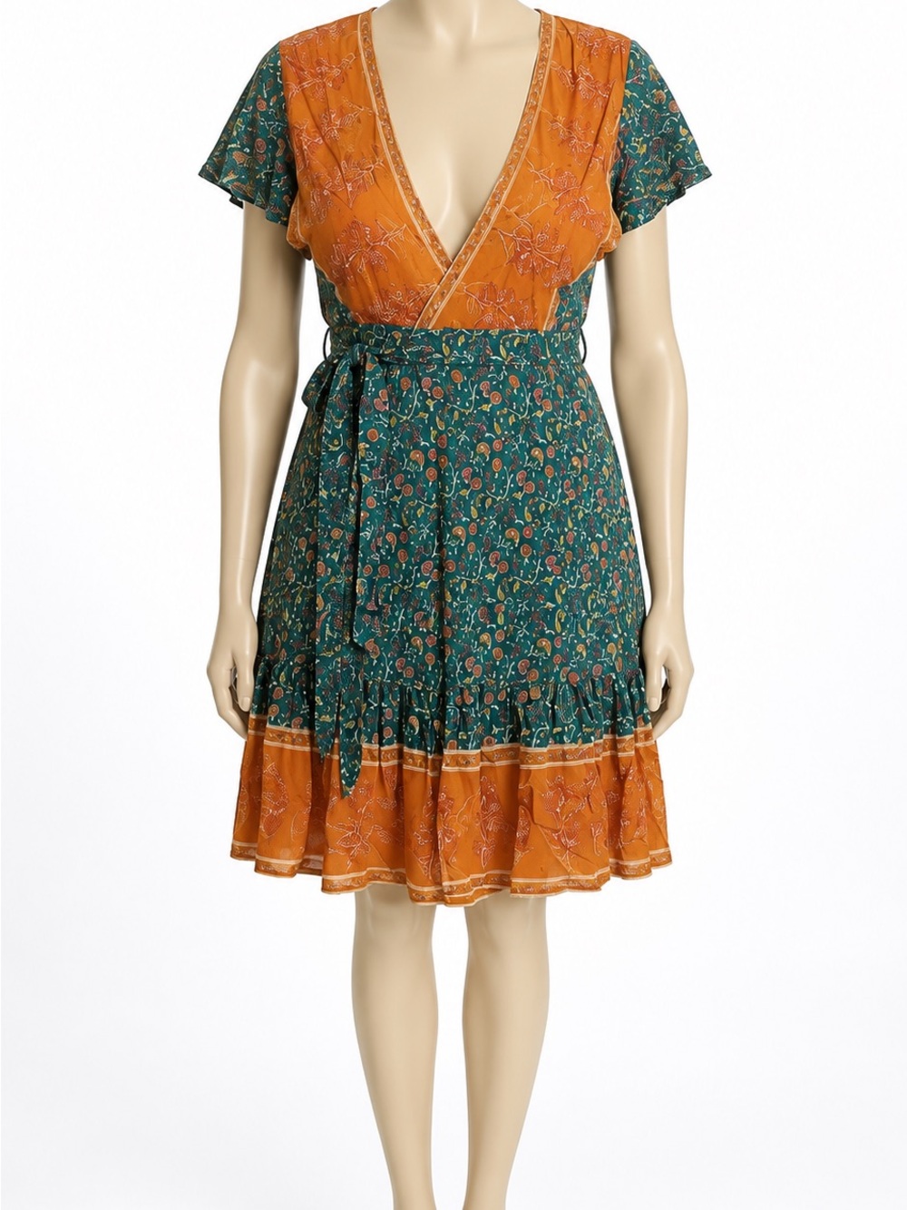 Floral Wrap Midi Dress in Teal and Mustard